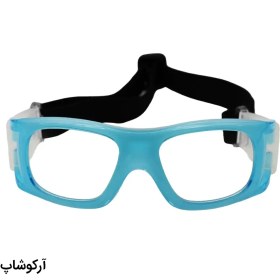 تصویر عینک طبی ورزشی با فریم آبی رنگ و بند مشکی برای فوتبال، والیبال، بسکتبال، فوتسال و هندبال مدل HY070 