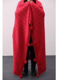 تصویر پتو تلویزیونی بافتنی بیوکاتن - قرمز با پوم‌پوم برند favora Biocotton Knitwear Pompom TV Blanket - Red