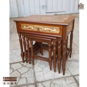 تصویر میز عسلی 4 تکه کشودار چوبی خراطی در طرح ساده و معرق 