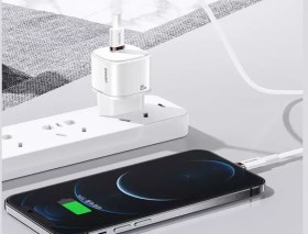 تصویر شارژر دیواری تایپ سی 20 وات و کابل شارژ تایپ سی به لایتنینگ یوسامز USAMS Charger + Type C to Lightning Data Cable CC-124 