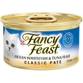 تصویر پته کلاسیک ماهی سفید اقیانوسی و تن غذای مرطوب گورمت قهوه‌ای برند purina fancy feast 