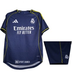 تصویر لباس دوم رئال مادرید ۲۰۲۶ هواداری سرمه ای با شورت 