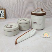 تصویر ظرف غذای دو تکه داخل استیل همراه با کیف عایق دار و قاشق چنگال برند لانچ باکس 