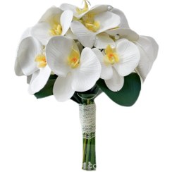 تصویر دسته گل مصنوعی عروس با ارکیده سفید فومی درجه یک با استایل گرد کد 2034 