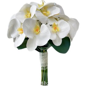 تصویر دسته گل مصنوعی عروس با ارکیده سفید فومی درجه یک با استایل گرد کد 2034 
