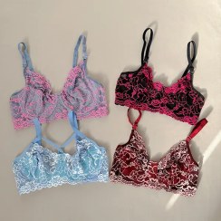 تصویر سوتین گیپور فنردار هارنسدار سایز ۸۰ تا ۹۰ رنگ صورتی و بنفش 