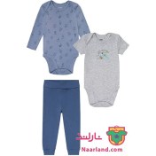 تصویر ست ۳ تکه نوزادی لوپیلو شامل بادی و شلوار رنگ آبی و خاکستری 