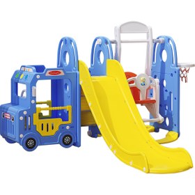 تصویر مجموعه بازی کودکان شامل خانه بازی اتوبوس، سرسره، تاب و پایه بسکتبال برند NTCO کد UN-BS01 Children's play set includes a playhouse, bus, slide, swing, and basketball stand, NTCO ​​brand, code UN-BS01