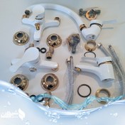 تصویر ست کامل شیرآلات لاله ۴ عددی سفید طلایی با گارانتی ۵ ساله 