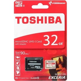 تصویر کارت حافظه microSDHC توشیبا مدل EXCERIA M302-EA کلاس 10 استاندارد UHS-I U1 سرعت 90MBps ظرفیت32 گیگابایت همراه با آداپتور SD 