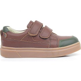 تصویر کفش ورزشی بچگانه چسبی با رنگ قهوه‌ای و سبز از جنس چرم برند rakerplus Brown Green Leather Velcro Kids Sneakers