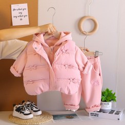 تصویر سه تیکه دخترانه پاپیونی (سویشرت و شلوار و پافر) - 100 