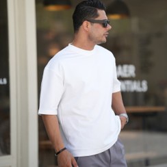 تصویر تیشرت لش باکسی سفید مردانه ساده بیسیک پارچه ماکان 