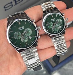 تصویر ساعت سیکو ست زنانه مردانه کرنومتردار سیکو اکسکلوسیو مدل 3177 رنگ نقره ای صفحه سبز 