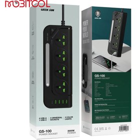 تصویر چندراهی و محافظ برق 3000 وات گرین لاین مدلGS-100 Power Socket Green Lion GS-100 Power Socket 3000W - Black