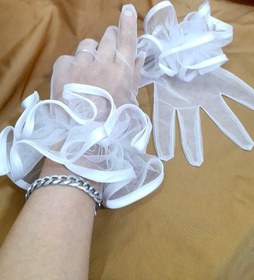 تصویر دستکش توری ساده ، مچی پر چین - سفید 