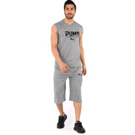 تصویر ست رکابی و شلوارک مردانه طوسی Puma یقه گرد 