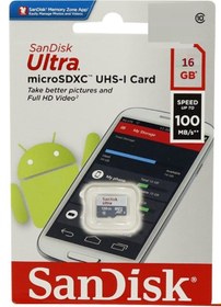 تصویر کارت حافظه microSDHC سن دیسک مدل Ultra A1 کلاس 10 استاندارد UHS-I U1 سرعت 100MBps ظرفیت 16 گیگابایت 