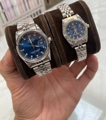 تصویر ست ساعت مچی رولکس زنانه و مردانه بند استیل نقره ای صفحه آبی 