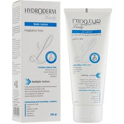 تصویر لوسیون مرطوب کننده و آبرسان بدن هیدرودرم حاوی هیالورونیک اسید فاقد اسانس حجم ۲۰۰ میل 
