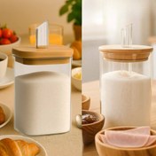 تصویر شکرپاش پیرکس مدل گرد و مربع با درب بامبو قطر 12| مقاوم و کاملاً کیپ Pyrex Sugar Dispenser with Bamboo Lid – 12 cm Diameter | Durable & Airtight