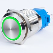 تصویر کلید فشاری فلزی سبز سایز ۱۶ میلیمتر با LED 