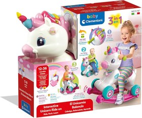 تصویر اسباب بازی اسب یونیکورن سه کاره کلمنتونی ایتالیا سایز بزرگ چرخدار موزیکال clementoni unicorn 3in1 