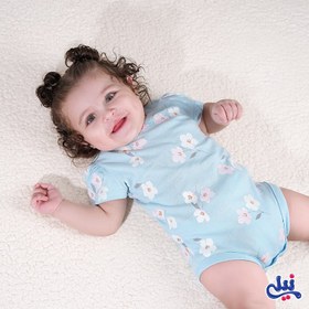 تصویر بادی آستین کوتاه نیلی طرح لاولی سایز ۰ تا ۳ ماه 