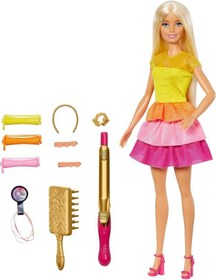 تصویر عروسک باربی با موهای فر و ست بازی آرایش مو بدون حرارت برند barbie Barbie Ultimate Curls Blonde Doll and Hairstyling Playset with No-Heat Curling Tools