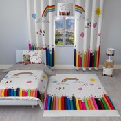 تصویر ست اتاق خواب کودک روتختی، پرده و فرشینه طرح مداد رنگی 