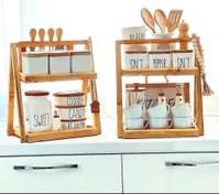 تصویر استند چوبی دوطبقه مثلثی با فضای قابل تنظیم 