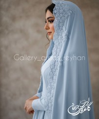 تصویر چادر عروس حاشیه دانتل آبی آسمانی 