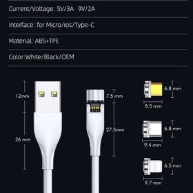 تصویر کابل شارژ و کابل تبدیل مغناطیسی(مگنتی) 3 امپری مدل mob02 USB با سه کانکتور USB-C/ لایتنینگ / microUSB طول 1 متر 