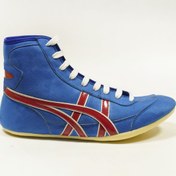 تصویر کفش کشتی اسیکس روس آبی با چسبندگی و تعادل بی‌نظیر 