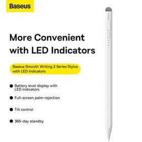 تصویر قلم لمسی بیسوس مدل BS-PS011 Baseus Smooth Writing 2 Series Stylus with LED Indicators, White (Active/Passive Version with Type-C cable, active pen tip and passive pen cap) SXBC060302