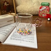 تصویر ماگ پیرکس دوجداره دسته گل صورتی 