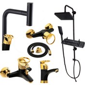 تصویر ست شیرآلات فراست پویا مدل آبشاری النگویی چهارحالته رنگ مشکی طلایی 