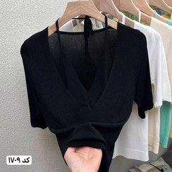 تصویر کراپ بلوز ریز بافت آستین کوتاه مجلسی رنگ مشکی 