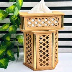 تصویر ست سطل و جا دستمال کاغذی چوبی نرده طلایی 