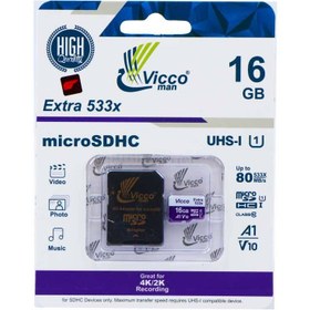 تصویر رم میکرو ۱۶ گیگ ویکومن Vicco Extra U1 80MB/s ا Vicco Extra U1 80MB/s 533X 16GB Memory Vicco Extra U1 80MB/s 533X 16GB Memory