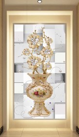 تصویر پوستر دیواری گلدان چینی زیبا با گل های طلایی 