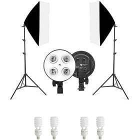 تصویر کیت تولید محتوا پروژکتور 4 لامپ دیاموند به همراه سافت باکس 70×50،پایه نور 805 و8 عدد لامپ عکاسی 