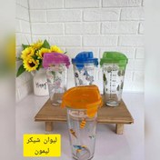 تصویر ‎لیوان شیکر چاپدار شیشه‌ای ‎مناسب برای انواع شیک، اسموتی، نوشیدنی‌های 