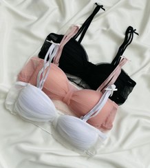 تصویر ست سوتین و شورت کاپدار پلیسه عروس مشکی و صورتی و سفید 