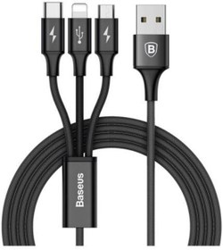 تصویر کابل شارژ 3 در 1 یو اس بی به میکرو یو اس بی، لایتنینگ و تایپ سی بیسوس برای آیفون، آیپد و گوشی‌های اندرویدی 
