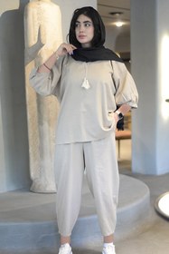 تصویر ست مانتو لنین جلو بسته و شلوار کرم کد (7138) - سایز Linen tunic and pants