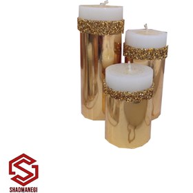 تصویر ست ۳تایی شمع قطر ۶ ارتفاع ۱۵/۱۲/۹ با نوارشبرنگ ا Set of 3 candles, diameter 6, height 15/12/9, with ribbon Set of 3 candles, diameter 6, height 15/12/9, with ribbon