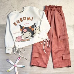 تصویر کراپ کرومی و شلوار دخترانه کارگو سایز بزرگ 