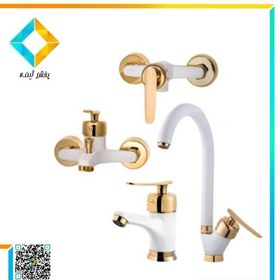 تصویر ست شیرآلات پادرا مدل گاما سفید طلایی Padra faucet set, Gamma model, white and gold