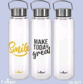 تصویر بطری آب شیشه ای با درب استیل دسته دار 1030میل یونیک کد UN-3077 